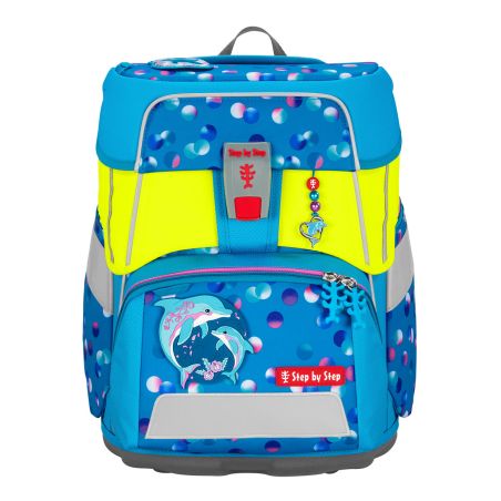 Blauer und gelber Rucksack mit Delfinmotiv, reflektierenden Streifen und buntem Punktmuster.