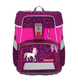 Lila-Pinker Kinder-Rucksack mit Einhornmotiv und reflektierenden Streifen, Vorderansicht.