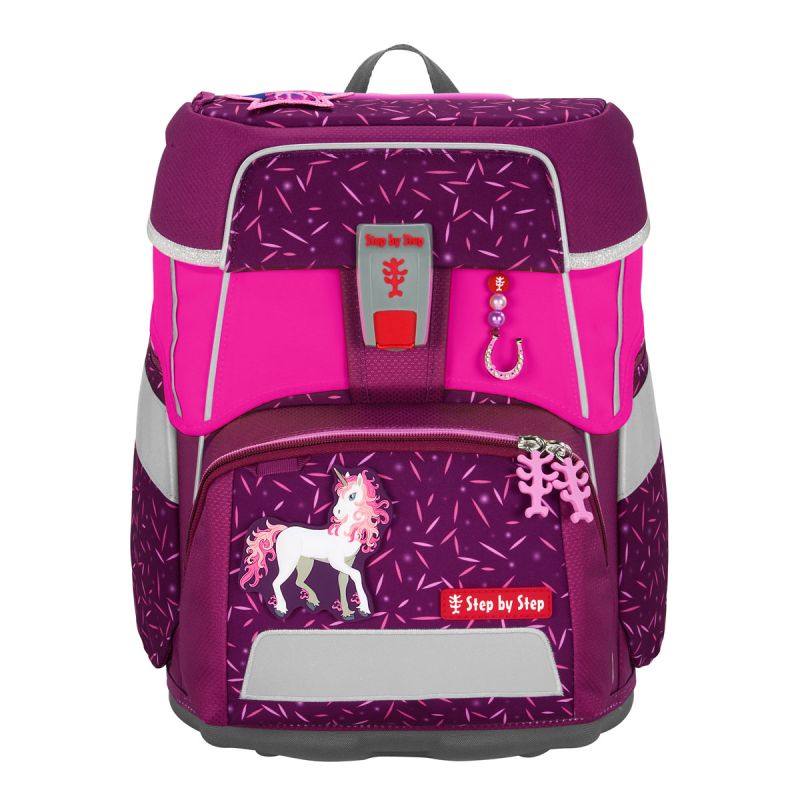 Lila-Pinker Kinder-Rucksack mit Einhornmotiv und reflektierenden Streifen, Vorderansicht.