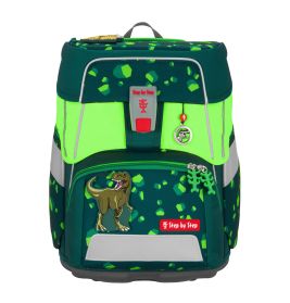 Grüner und schwarzer Kinderrucksack mit Neonakzenten, Dinosaurier-Aufnäher und geometrischem Muster.
