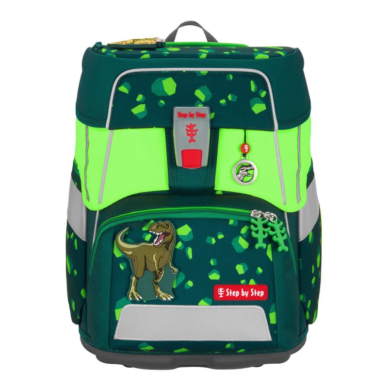 Grüner und schwarzer Kinderrucksack mit Neonakzenten, Dinosaurier-Aufnäher und geometrischem Muster.