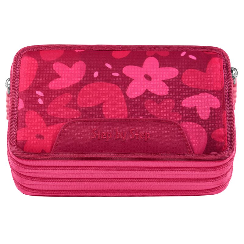 Rotes, rechteckiges Etui mit rosa Blumenmuster und Reißverschlussfächern.