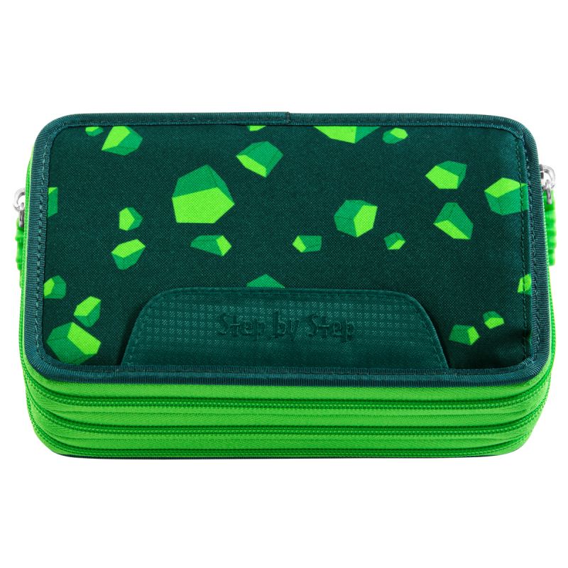 Grünes Etui mit Reißverschluss und Muster aus leuchtend grünen geometrischen Formen auf dunkelgrünem Hintergrund.