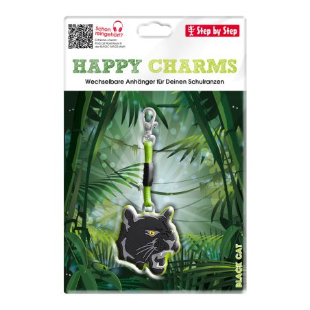 Ein schwarzer Katzen-Schlüsselanhänger wird auf einer Dschungel-Design-Verpackung von Happy Charms Step by Step präsentiert.