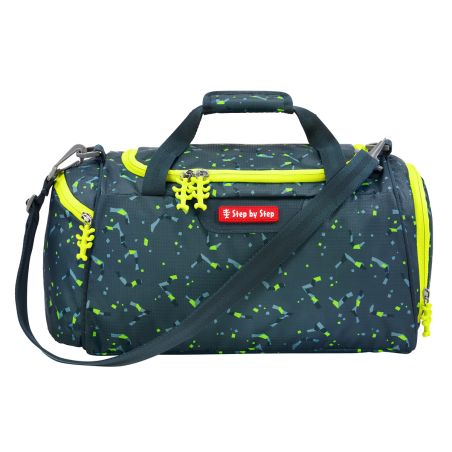 Dunkelblaue Sporttasche mit grün-gelbem Muster, gelben Reißverschlüssen und Schultergurt.
