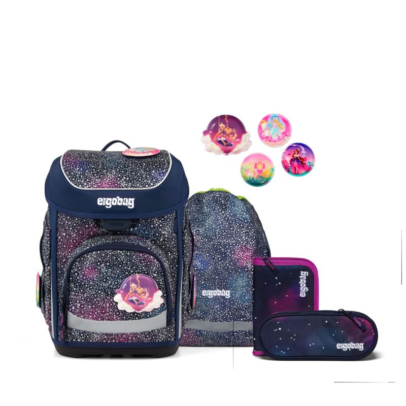 Schulrucksack-Set mit Galaxie-Muster, passendem Turnbeutel, Federmäppchen und Zier-Patches.