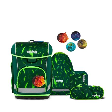 Grünes Schulranzen-Set mit Blitzmuster: Rucksack, Federtasche und abnehmbare runde Patches.