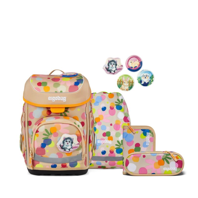 Farbiges Kinder-Rucksackset mit Tiermotiven, dazu passendes Etui und Turnbeutel.