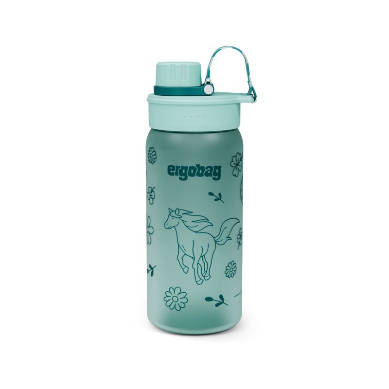 Tealfarbene Trinkflasche mit Einhorn- und Blumenmotiv, tealem Deckel und ergobag-Logo.