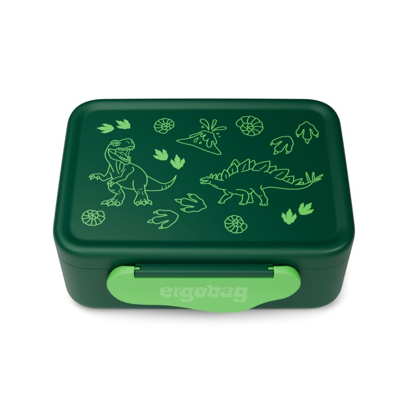 Dunkelgrüne Brotdose mit hellgrünen Dinosauriermotiven und einem hellgrünen Verschluss.