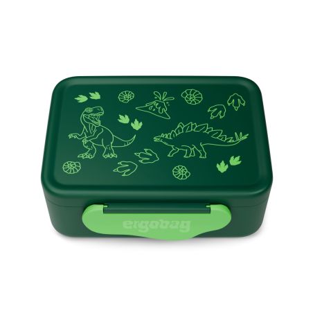 Dunkelgrüne Brotdose mit hellgrünen Dinosauriermotiven und einem hellgrünen Verschluss.