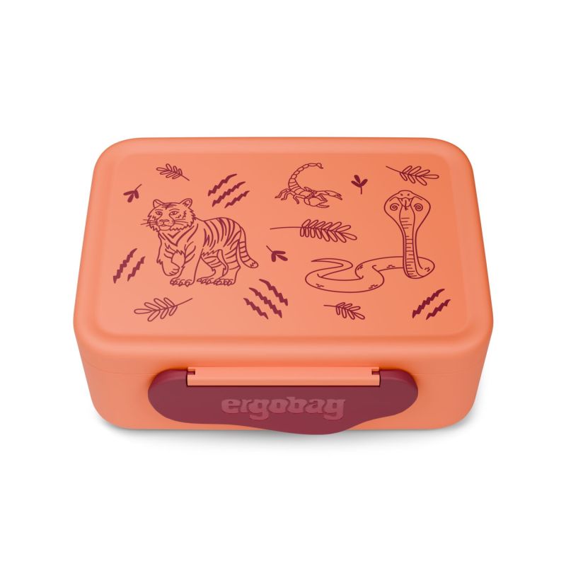 Orange Lunchbox mit Abbildungen von Tiger, Skorpion, Kobra, Echse und Blättern auf dem Deckel.