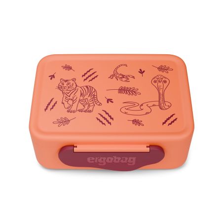 Orange Lunchbox mit Abbildungen von Tiger, Skorpion, Kobra, Echse und Blättern auf dem Deckel.