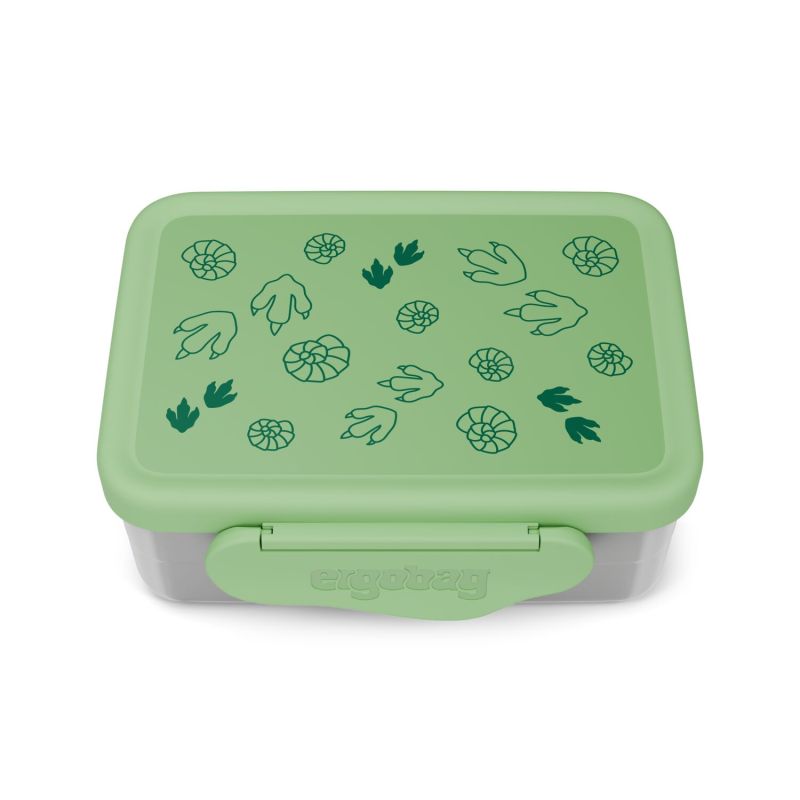 Grüne Brotdose mit Dinosaurier-Fußspuren und Pflanzenmotiven auf dem Deckel, vorne mit Schnappverschluss.