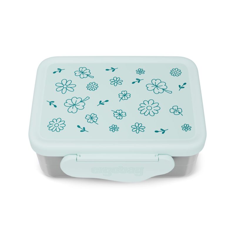 Hellblaue Lunchbox mit floral gemustertem Deckel verschiedene Blumen und Blätter sind abgebildet.