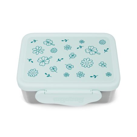 Hellblaue Lunchbox mit floral gemustertem Deckel verschiedene Blumen und Blätter sind abgebildet.