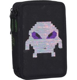 Schwarzes Federmäppchen mit Pailletten-Aliendesign und großen, lilafarbenen Augen im Pixelstil.