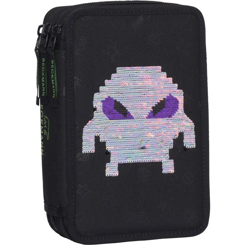 Schwarzes Federmäppchen mit Pailletten-Aliendesign und großen, lilafarbenen Augen im Pixelstil.