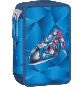 Blaues Mäppchen mit Superheld im rot-blauen Anzug auf Motorrad vor geometrisch blauem Hintergrund.