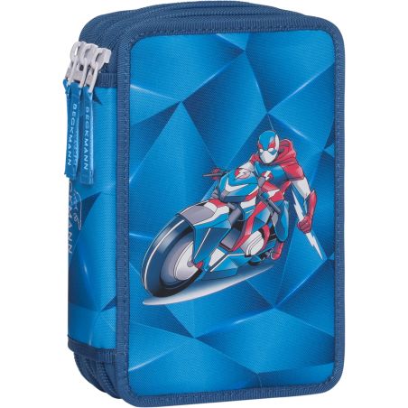 Blaues Mäppchen mit Superheld im rot-blauen Anzug auf Motorrad vor geometrisch blauem Hintergrund.