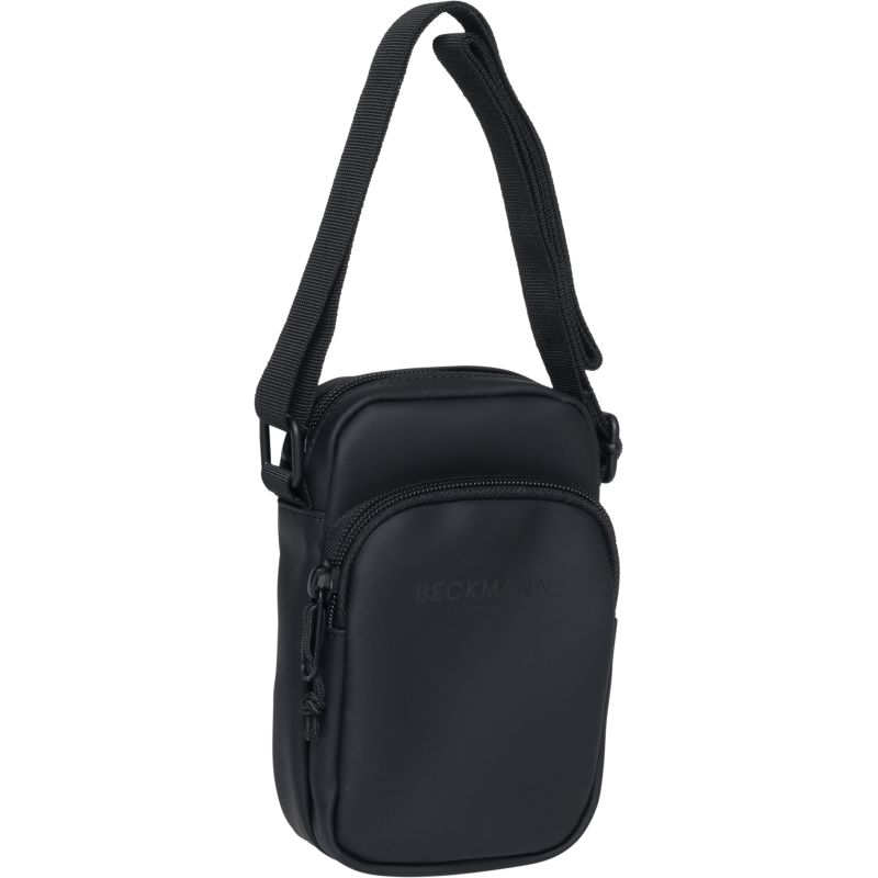 Kleine schwarze Umhängetasche mit zwei Reißverschlussfächern und verstellbarem Schulterriemen.