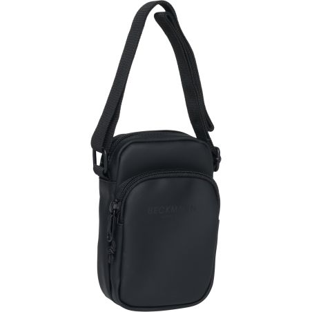 Kleine schwarze Umhängetasche mit zwei Reißverschlussfächern und verstellbarem Schulterriemen.