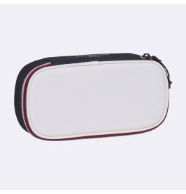 Rechteckige Tasche mit Reißverschluss, weißer Front, schwarzen Seiten und rotem Rand.