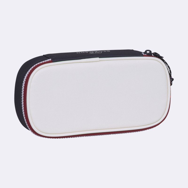 Rechteckige Tasche mit Reißverschluss, weißer Front, schwarzen Seiten und rotem Rand.