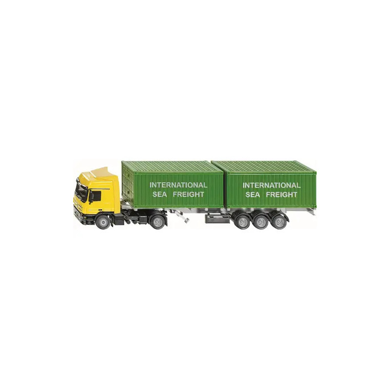 Gelber Lkw mit zwei grünen Containern, beschriftet mit International Sea Freight, vor weißem Hintergrund.