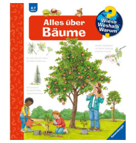 Drei Kinder und ein Erwachsener pflegen einen Baum deutsches Buchcover mit dem Titel Alles über Bäume.
