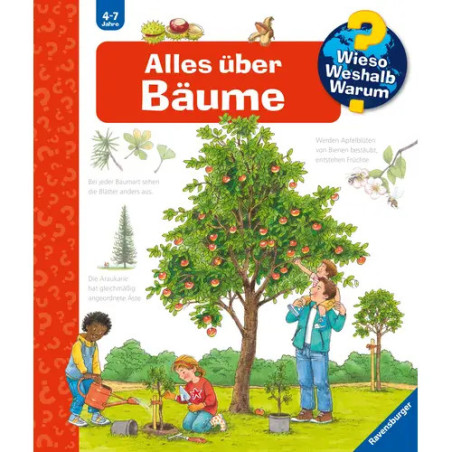 Drei Kinder und ein Erwachsener pflegen einen Baum deutsches Buchcover mit dem Titel Alles über Bäume.