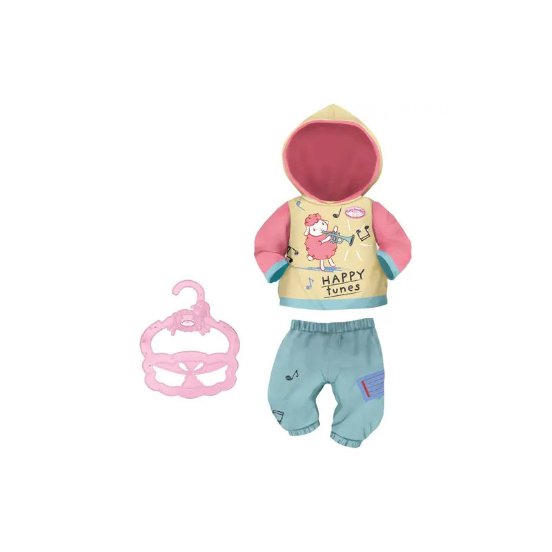 Puppen-Outfit mit Kapuzenpullover, Hose und Happy Tunes-Aufdruck sowie rosa Kleiderbügel.