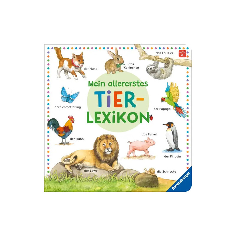 Tierbuchcover mit Tierillustrationen, Titel: Mein allererstes Tierlexikon.