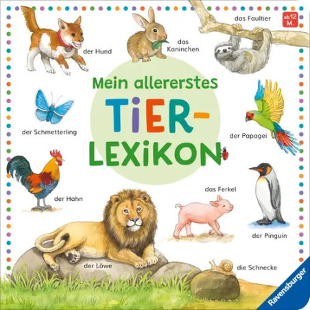 Tierbuchcover mit Tierillustrationen, Titel: Mein allererstes Tierlexikon.