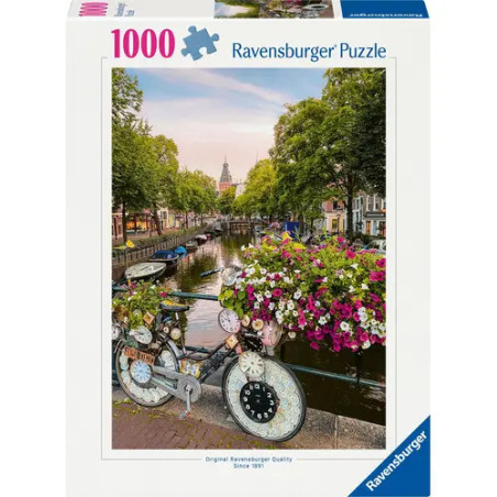 Ravensburger Puzzle mit 1000 Teilen: Kanalszene in Amsterdam mit Blumen und Fahrrad auf der Box abgebildet.