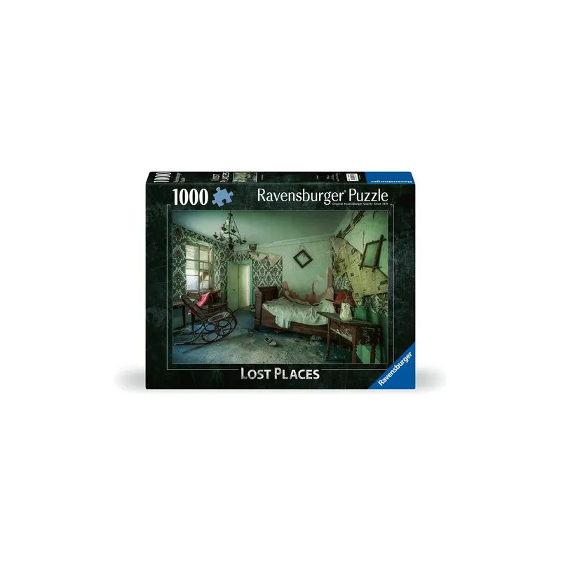 Ravensburger Puzzle mit 1000 Teilen zeigt ein verlassenes, verfallenes Schlafzimmer mit beschädigten Wänden und Möbeln.