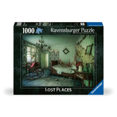 Ravensburger Puzzle mit 1000 Teilen zeigt ein verlassenes, verfallenes Schlafzimmer mit beschädigten Wänden und Möbeln.