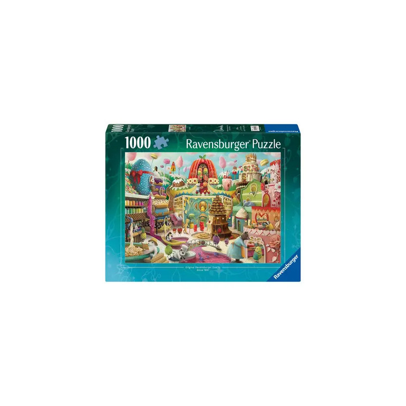 Ravensburger Puzzle mit 1000 Teilen und farbenfrohem Motiv: Fantasieszene rund um das Thema Süßigkeiten.