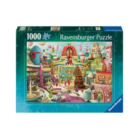 Ravensburger Puzzle mit 1000 Teilen und farbenfrohem Motiv: Fantasieszene rund um das Thema Süßigkeiten.