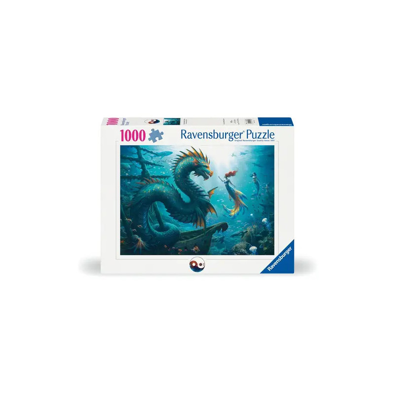 Ravensburger Puzzle mit 1000 Teilen: Schachtel zeigt eine Unterwasserszene mit Seedrachen und Tauchern.