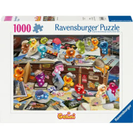 Ravensburger Puzzle, 1000 Teile: Bunte Cartoon-Früchte als Detektive auf dem Schachtelmotiv.