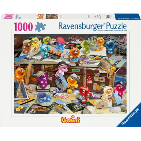 Ravensburger Puzzle, 1000 Teile: Bunte Cartoon-Früchte als Detektive auf dem Schachtelmotiv.