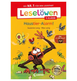 Comic-Affe schlägt auf buntem Cover des deutschen Kinderbuchs Haustier-Alarm! nach summenden Insekten.