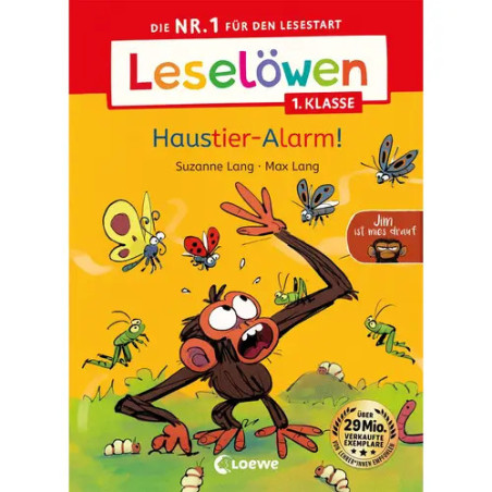 Comic-Affe schlägt auf buntem Cover des deutschen Kinderbuchs Haustier-Alarm! nach summenden Insekten.