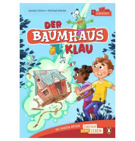 Buntes Cover von Der Baumhaus Klau mit zwei Kindern, die ein schwebendes Baumhaus mit Tieren verfolgen.