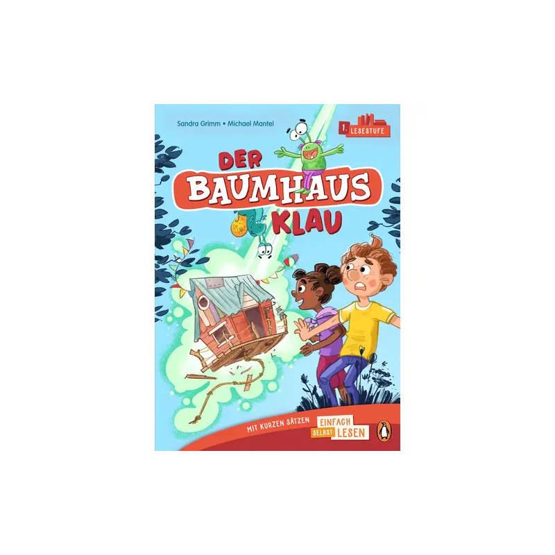 Buntes Cover von Der Baumhaus Klau mit zwei Kindern, die ein schwebendes Baumhaus mit Tieren verfolgen.