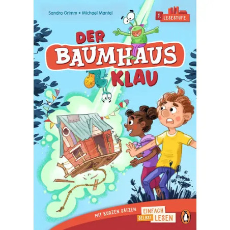 Buntes Cover von Der Baumhaus Klau mit zwei Kindern, die ein schwebendes Baumhaus mit Tieren verfolgen.