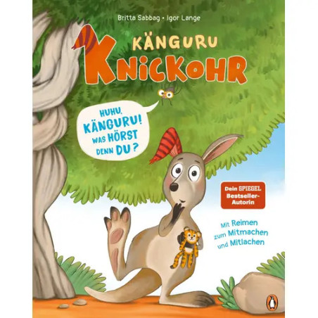 Kinderbuchcover: Ein überraschter Känguru sitzt unter einem Baum. Titel: Känguru Knickohr.