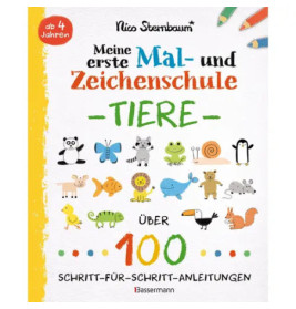 Cover eines deutschen Kinder-Malbuchs mit Tieren und Buntstiften, Titel: Meine erste Mal- und Zeichenschule.