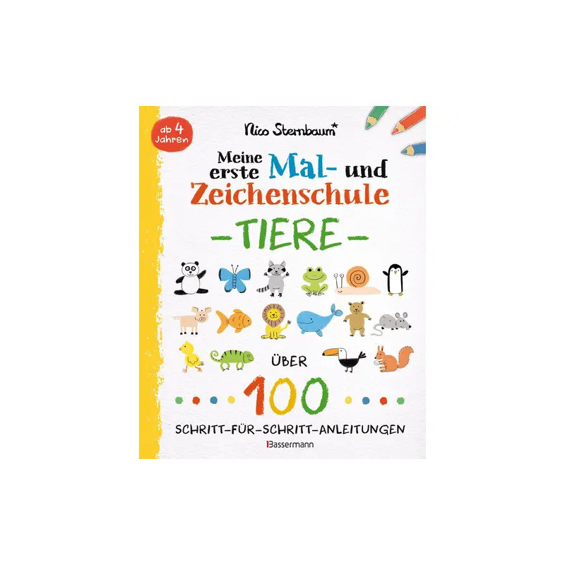 Cover eines deutschen Kinder-Malbuchs mit Tieren und Buntstiften, Titel: Meine erste Mal- und Zeichenschule.